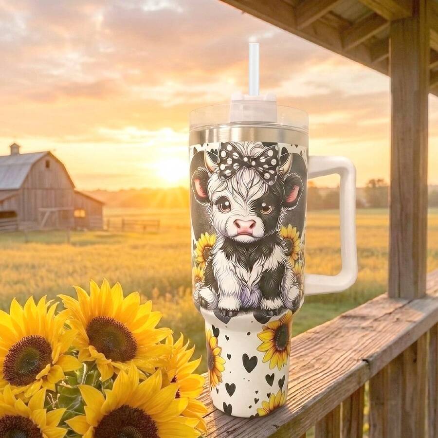 40oz Tumbler With Handle And Straw Lid, Stainless Steel Vacuum Insulated Travel Mug, Fits Car Cup Holder, Hot & Cold Drinks, Cute Cow Sunflower Design, Birthday Gift For Women - White - View 1