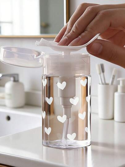 Frasco de viagem recarregável transparente com estampa de coração branco, dispensador de removedor de maquiagem, frasco com bomba portátil de 100ml/200ml para removedor de esmalte, tônico e removedor de maquiagem, design em forma de cúpula, lavar à mão apenas, reutilizável, frasco para removedor de maquiagem