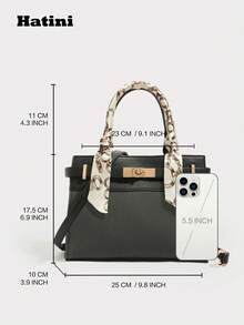 Bolso de mano tipo Kelly de moda con diseño de patchwork, bolso cuadrado pequeño con cierre de giro, bolso de hombro para ir al trabajo, bolso cruzado versátil, diseño de bloques de color vibrante, adecuado para ir al trabajo, citas, compras, ocio, vacaciones, festivales de música, fiestas - Negro - Ver 2