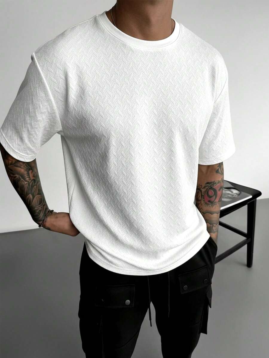 Men's Outdoor Casual Fashion Textured Minimalist Versatile Solid Color Short Sleeve T-Shirt - White - View 1