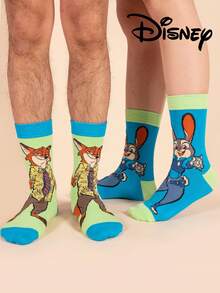2/1 Pair Disney Zootopia Pattern Men's Crew Socks, Cute Cartoon Unique Disney Men's Socks With Nick Wilde Design, Odor-Resistant Breathable Casual Versatile Sports Crew Socks With Cartoon Pattern, Suitable For Students/Adults As Gifts And Daily Use, Couple Matching