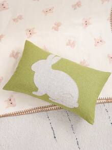1pc/2pcs Easter Decorative Throw Pillow Cover, Rabbit Embroidery, Breathable Linen, Living Room Sofa Decor, Holiday Gift, Green - Green - View 5