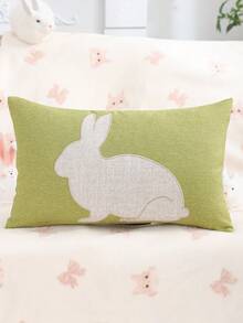1pc/2pcs Easter Decorative Throw Pillow Cover, Rabbit Embroidery, Breathable Linen, Living Room Sofa Decor, Holiday Gift, Green - Green - View 1