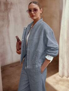 Sollinarry 2pcs Women Striped Zip-Up Long Sleeve Top And Pants Set Spring - Navy Blue - View 3