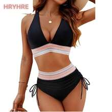 Women High Waisted Bikini Sets Tummy Control Swimsuits Color Block Two Piece Drawstring Bathing Suit Outdoorfun - Black - View 12