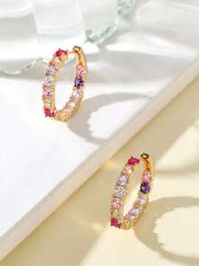 1 đôi bông tai khoen tròn đính đá Zirconia màu hồng đỏ cầu vồng lấp lánh, sang trọng dành cho nữ, màu vàng kim, trang sức cưới/sinh nhật cho phụ nữ. - hoa tai - Xem 3