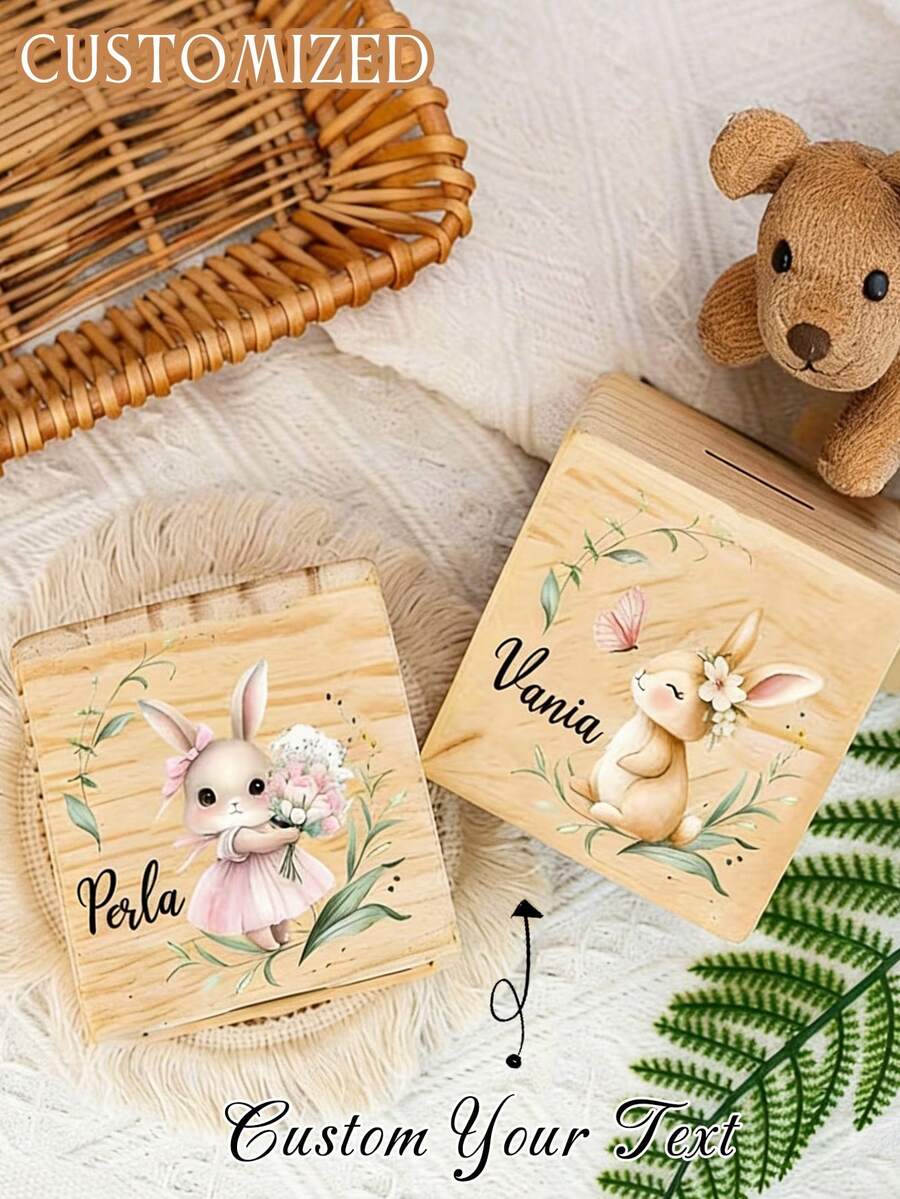 Custom Wooden Money Box Featuring An Adorable Rabbit Design, Personalized With A Name, Perfect For Collecting Coins. A Great Gift Idea For Birthdays. - Multicolor - View 1