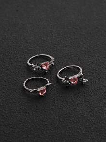 3pcs Dark Wings, Pink Rhinestone Heart & Bow Rings For Women