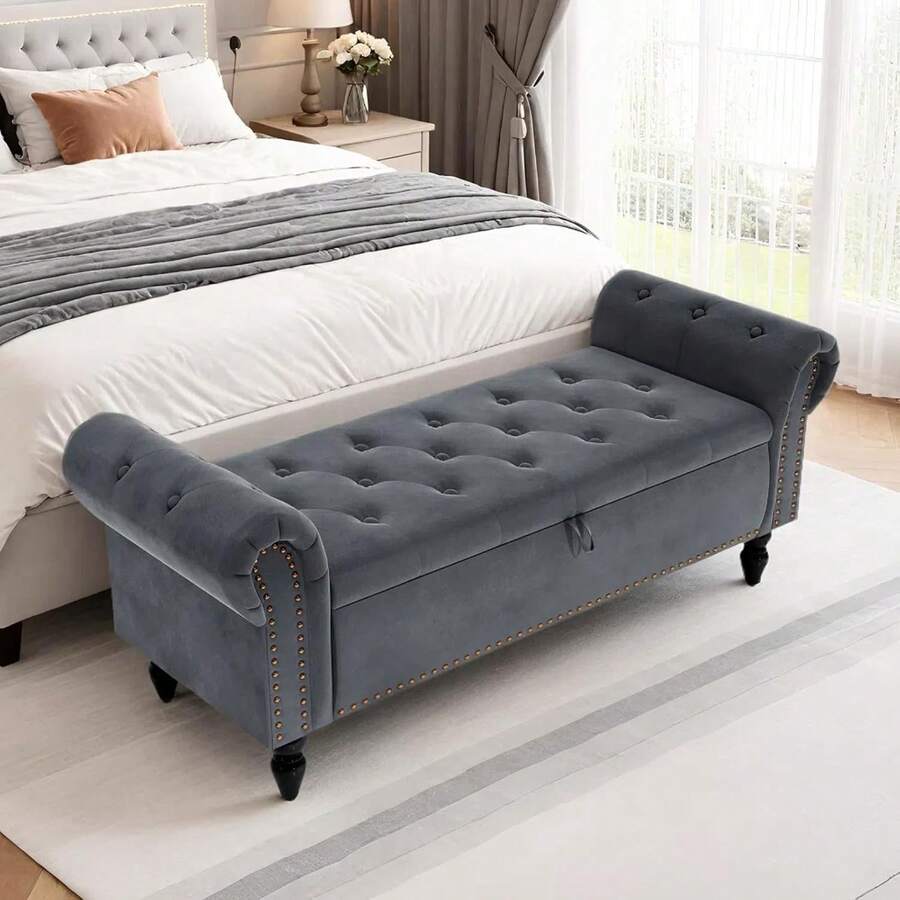 Ottoman Storage Bench,Sofa Bench,Foot Rest Stool,Velvet End Of Bed Bench,Storage Box With Lid, Entryway Bench,168 KG Load Capacity