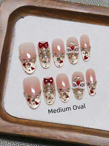 10片手工美甲，椭圆棺材形亚克力按压式美甲，短款、中款、长款可选，柔和粉色美甲，闪亮金色猫眼法式美甲，波点爱心舞狮图案，3D蝴蝶结镶钻美甲，新年礼物，时尚优雅简约新年美甲，冬季假指甲，节日美甲，适合派对、日常、约会、海滩、热带度假等场合，DIY美甲，适合女性和女孩作为礼物美甲用品 - 粉色 - 查看 13