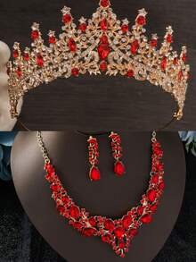 1 套金色新娘首饰 - 水钻皇冠、项链、耳环（4 件）、婚礼配饰，适合新娘礼服、婚礼、派对、舞会