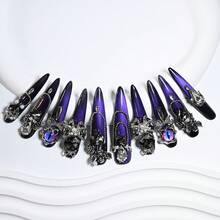 10Pcs Handmade Long Stiletto Press On Nails, Gothic Cute Luxury Style, 3D Bow, Pearl, Black Rhinestones, Cat Eye Accents, Edgy Daily Looks Summer Easter - 紫羅蘭色 - 查看 12