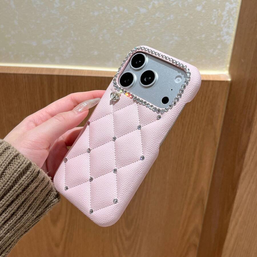 新款菱形水钻时尚手机壳，兼容 17 Pro Max/17 Pro/17、16 Pro Max/16 Pro/16、15 Pro Max/15 Pro/15、14 Pro Max/14 Pro/14、新款 13 Pro Max/13 Pro/13，奢华皮革铆钉手机壳 - 粉色 - 查看 1