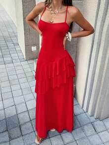 Đầm maxi Vaiaye dành cho nữ, kiểu dáng nhiệt đới Hawaii, phong cách bohemian, thích hợp cho kỳ nghỉ biển, màu trơn, dây mảnh, hở lưng, xẻ tà cao, phù hợp cho ngày Valentine. - Đỏ - Xem 7