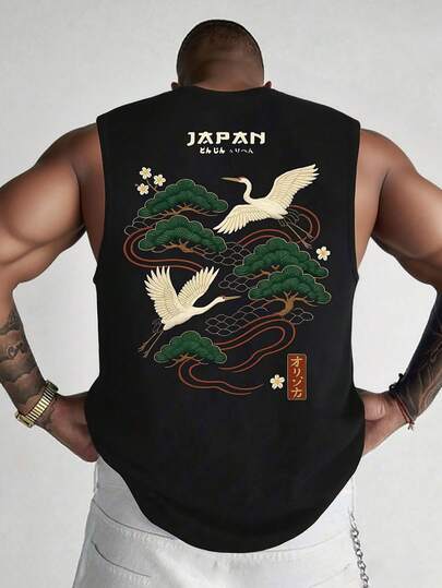 1 pieza Camiseta de tirantes de cuello redondo con estampado casual de verano para hombre, adecuada para deportes, fitness y uso diario