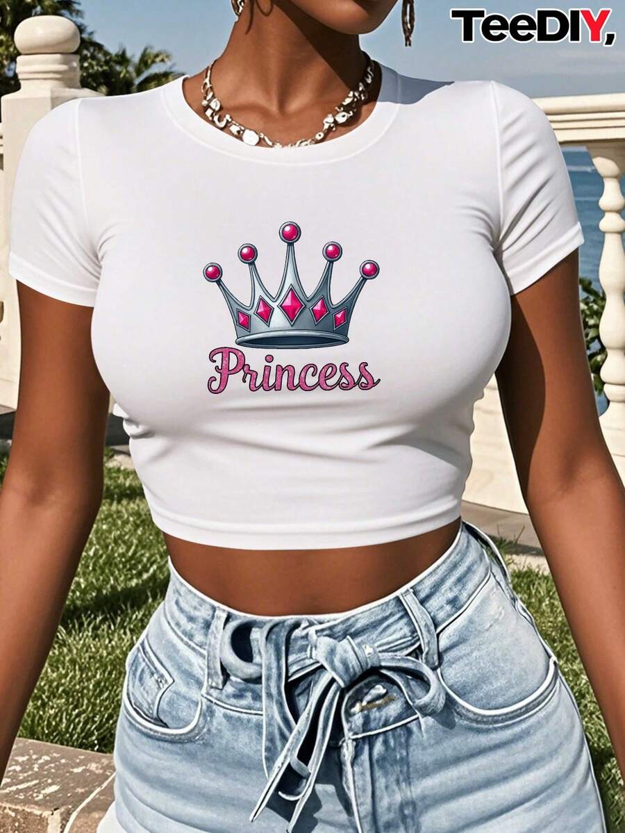 Teediy Women's Crop T-Shirt - Princess Crown Pattern T-Shirt, Pink Jewelry, Y2K Fashion Casual Top, Suitable For Parties And Daily Wear - Non-See-Through Fabric, Party Outfit, Strong Print - 白色 - 查看 1