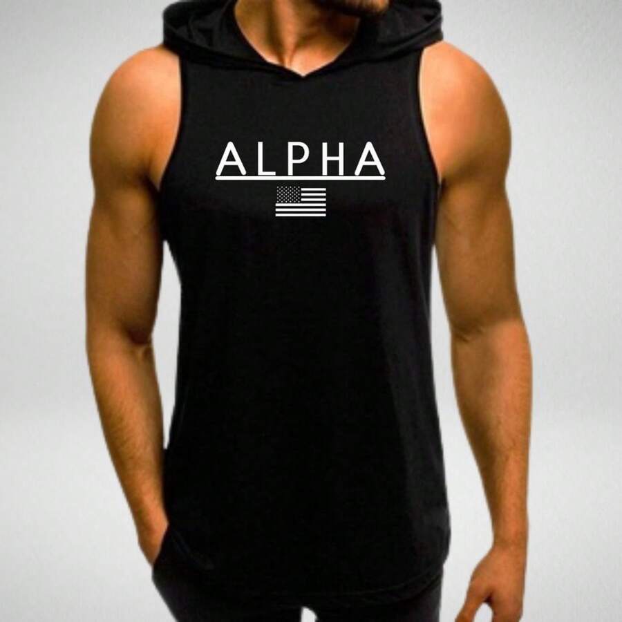 Alpha Men's Tank Top With Hood For Gym, Workout, Weightlifting - Black - View 1