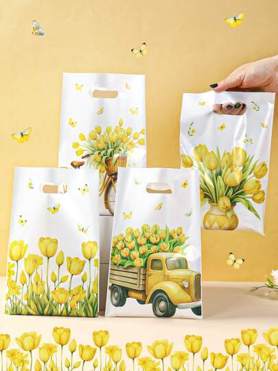 Yellow Tulips Favor Bags - Springtime Flower Plastic Waterproof Goodie Bag Bloom Rectangular Gift Pack For Kids Birthday Baby Shower Decoration Party Supplies