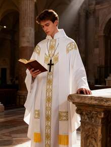 Medieval European Priest/Monk Robe Cosplay Costume, Includes: Printed Loose Robe, Fringed , Cross Accessory