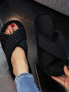 女士露趾记忆棉拖鞋，交叉绑带设计，秋冬季室内毛绒拖鞋