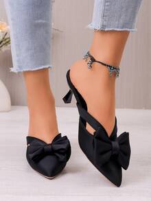 Fairy Style Pink Sandals, French Pointed Toe Bowknot Hollow High Heel Mule Sandals, Beach Bowknot - Black - View 2