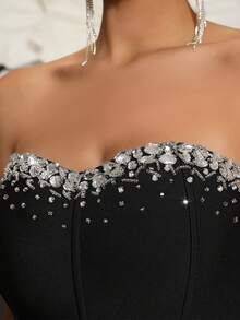 Handmade Rhinestone Embellished Bandage Bodycon Dress, Strapless Mermaid Silhouette, Luxury Sexy Fashion For Family Gathering, Party, Banquet, Evening Gown - Black - View 8