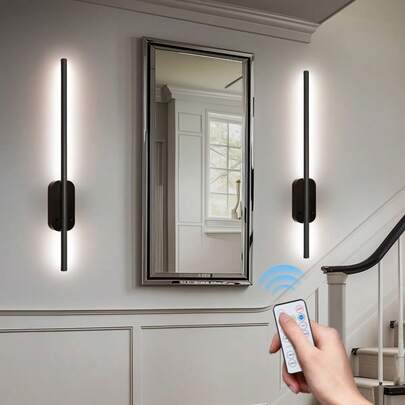 AMILL Set Of Two Battery-Powered Wall Lights, Adjustable Brightness With Remote, Rechargeable LED Wireless Fixtures For Bedroom, Living Room, Or Hallway, Black (2-Pack)