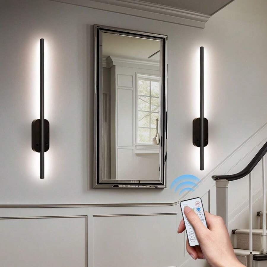 Set Of Two Battery-Powered Wall Lights, Adjustable Brightness With Remote, Rechargeable LED Wireless Fixtures For Bedroom, Living Room, Or Hallway, Black (2-Pack) - 彩色 - 查看 1