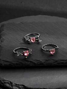 3pcs Dark Wings, Pink Rhinestone Heart & Bow Rings For Women