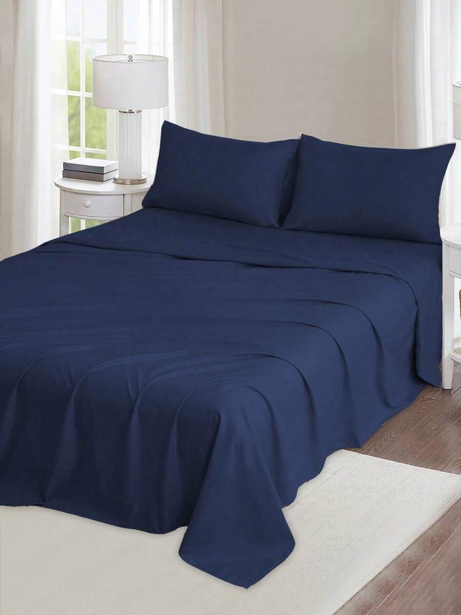Juego De Sábanas Matrimonial De Unicolor Supersuave 3000 Hilos, Tejido Suave Y Agradable Para La Piel, Transpirable Y Cómodo, 4 Piezas / (1 Forro, 1 Sábana/ 2 Fundas) - Azul Marino - Ver 1