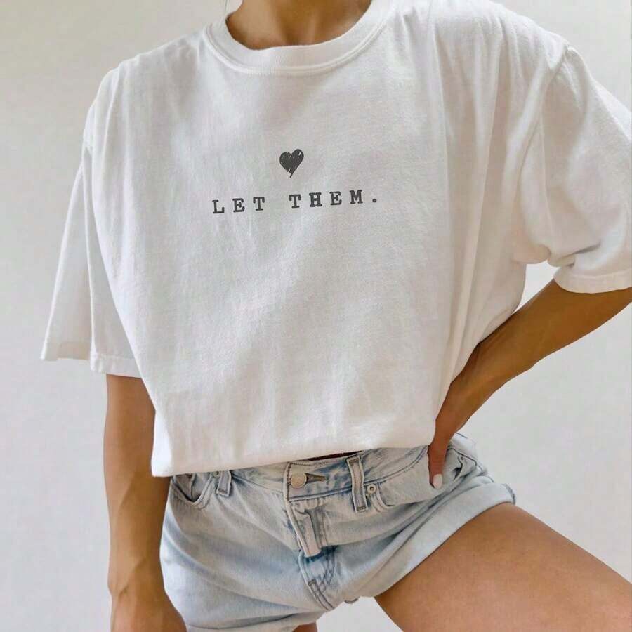 Let Them Unisex-Shirt, Positive Quotes Shirt Mental And Anxiety, Inspirational Quote Tee Self Love Idea,Women's Clothing, Cartoon And Letter Printing, Comfortable Cotton Material, Skin Friendly, Soft And Cool, Summer Women's-Shirt ClothingSports Short SleevesSports Short Sleeves - White - View 1