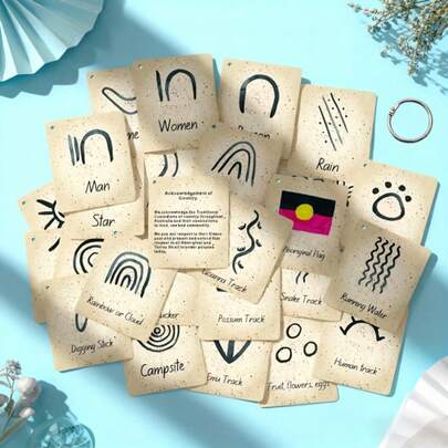 28pcs/Set, Australian Aboriginal Flash Cards & Learning Set - Indigenous Language & Culture Kit With Torres Strait Islander Art, Dreamtime Stories, Traditional Symbols (Boomerang,) For Teachers