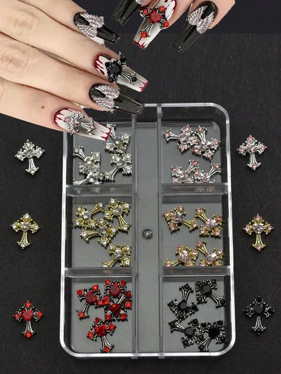 30pcs Y2K Gold Silver Black Cross Nail Decorations Set With Rhinestones Alloy Nail Art Charm Accessories For Manicure DIY Styling