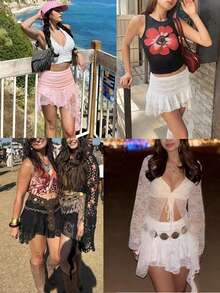 Women Summer Lace Mini Skirt With Shorts- Low Rise Y2K Pleated Ruffle Fairy Skirt Chic Layered Asymmetrical Half Slip Skirts For Sports, Party, Vacation, Valentine's Day Outfit - màu nâu - Xem 3