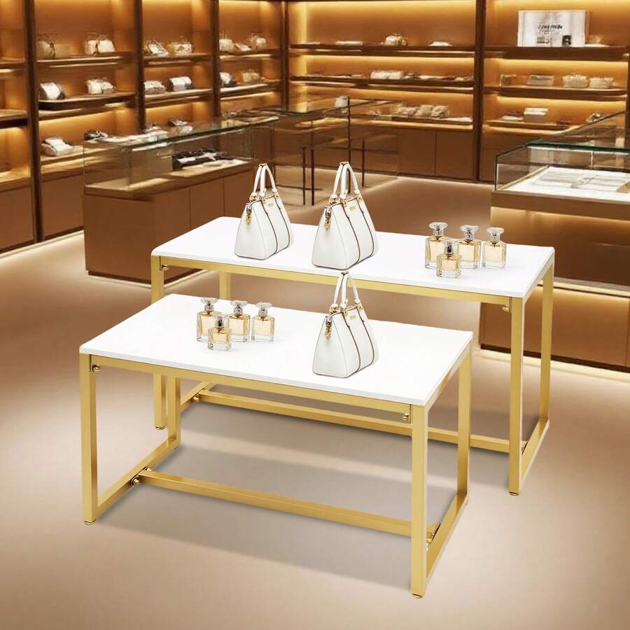 CNCEST 2PCS Shoes Handbag Display Stand Gold Modern Nesting Tables Set Metal Display Riser Shelf For Home Clothing Shops Retail Stores Gold,Load 110lbs(39.37x15.75x22in;31.5x15.75x18.1in) - White and Gold - View 1