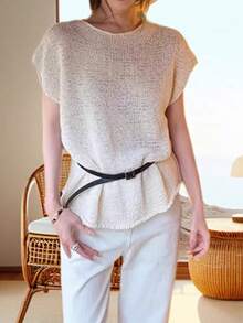 Áo dệt kim không tay cổ tròn dáng cánh dơi dành cho nữ, mẫu mới mùa hè 2026, chi tiết dệt gân, chiều dài tiêu chuẩn (không kèm thắt lưng) - Màu be - Xem 10