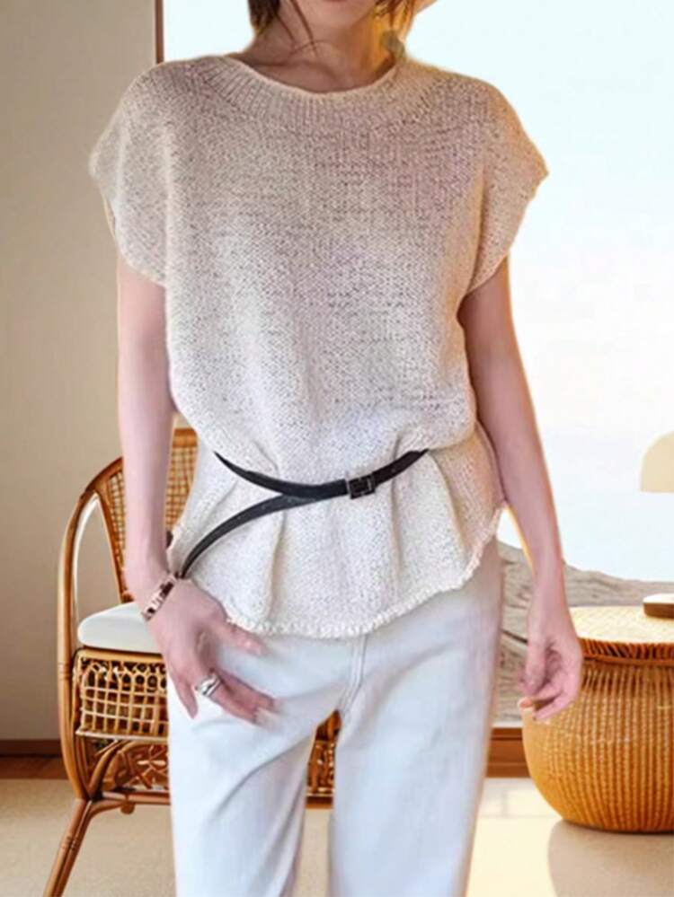 2026夏季新款女士针织无袖圆领蝙蝠袖上衣，罗纹针织细节，常规长度（不含腰带） - 杏色 - 查看 10