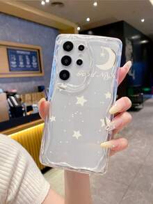 1pc Minimalist Star, Moon, Letter Printed Cream Marble Texture Thick Shockproof Lens Protection Phone Case, Suitable For Samsung Galaxy S25/S25 PLUS/S25 Ultra/A05/A05S/A06/A07/A16/A17/A23, OPPO A16/A17/A18/A57/A58/A78/A98/A60/A3X 4G, Vivo Y20/Y21/Y36, Transsion, Fashionable And Protective Choice For Men And Women - Trong sáng - Xem 1