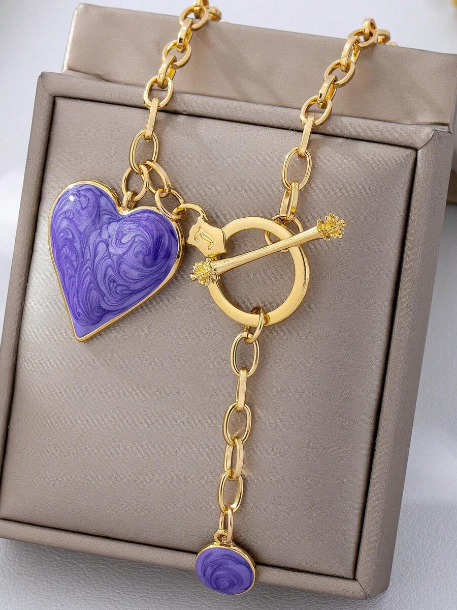 1件 时尚3D合金涂层凸面紫色心形金色水滴吊坠项链 - 紫丁香色 - 查看 1