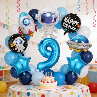 Set de 8 piezas YW Qijing, globos de aluminio con temática de astronauta, cohete y nave espacial para niños de 1 a 9 años, incluye globo redondo de 18" con "Feliz Cumpleaños", astronauta, nave espacial, cohete, estrella, número azul de 32", adecuado para decoración de fiesta de cumpleaños, decoración de aniversario, revelación de género, decoración de baby shower, props de fotografía, regalo sorpresa para hijo/hija