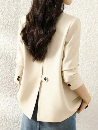 女士休闲翻领西装外套，简约纯色，适合工作、通勤、春秋季穿着。