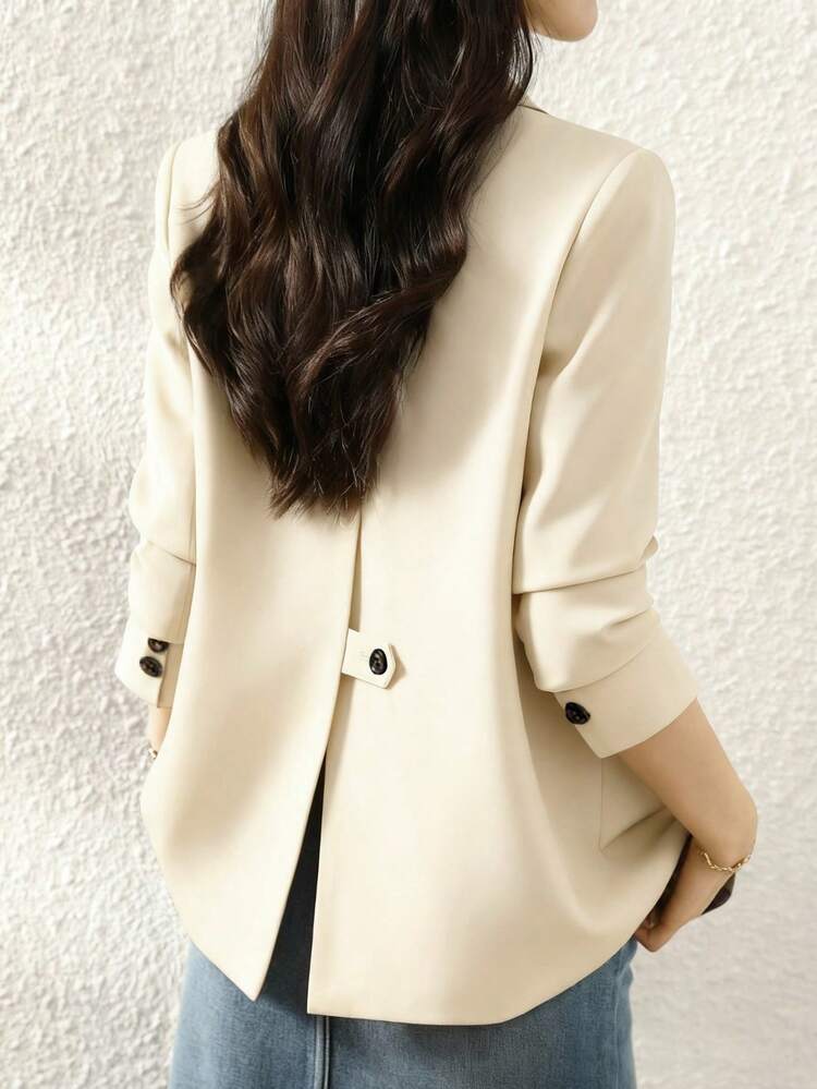 女士休闲翻领西装外套，简约纯色，适合工作、通勤、春秋季穿着。 - 米色 - 查看 1