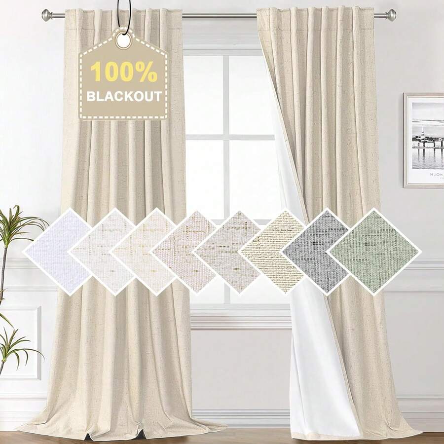 % Blackout Curtains Bedroom 84 Inches Long, Back Tab/Rod Pocket Faux Linen Blackout Curtains 2 Panels Thermal Insulated Curtains & Drapes Living Room, Decor, W52 X L84 - 漂白沙 - 查看 1