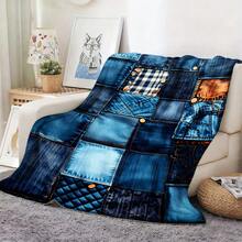 1pc Denim Patchwork Quilted Plaid Stitched Flannel Blanket| Soft Warm All-Season, Polyester, Ideal For Sofa, Bed, Office, Camping, Travel, Perfect Gift For Birthday, Anniversary, Festive Pattern, Home Decor - White - View 2