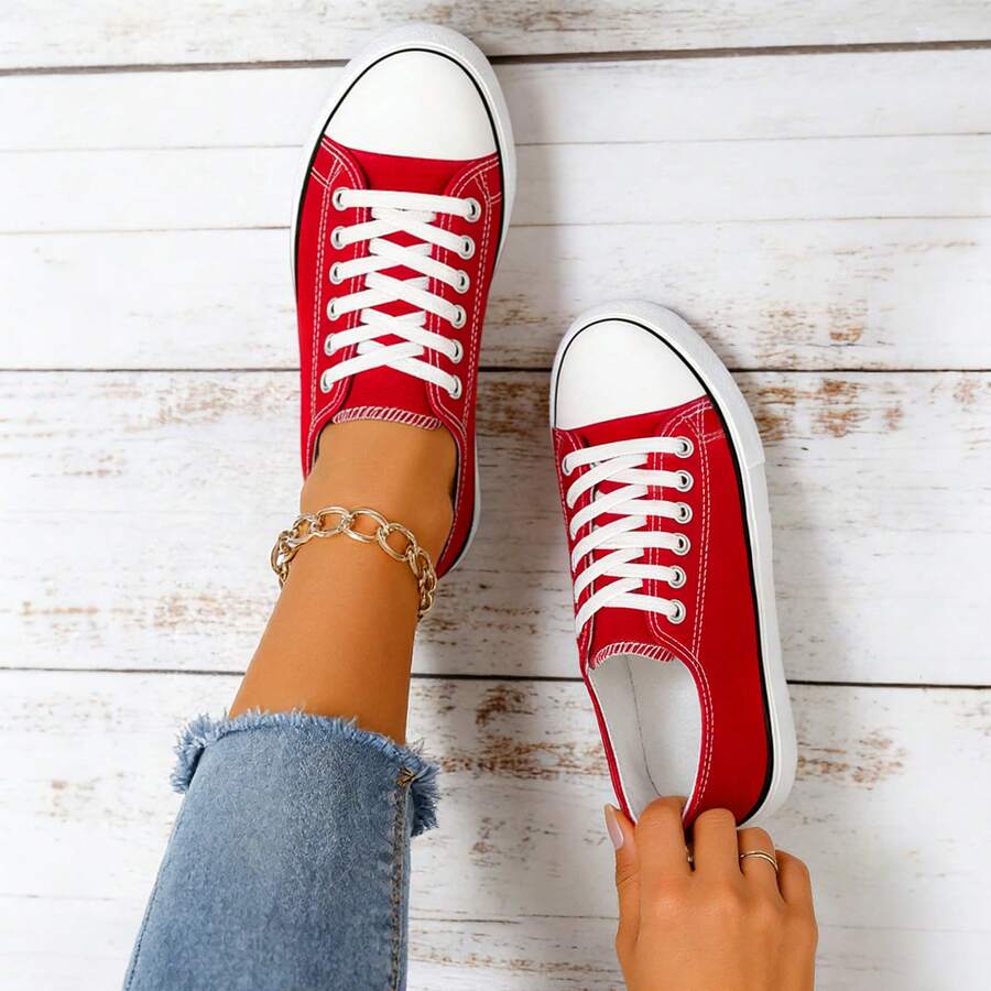 Haifago Low Top Red Lace Up Casual Canvas Sneakers For Women, Comfortable Lightweight Classic Fashion Sneakers Popular 2025,Tennis Shoes,Suitable For Daily Wear, Indoor, Outdoor, Work,Red Shoes,Christmas Shoes - Đỏ - Xem 1