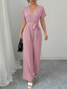 Women's Jumpsuit Casual Short Sleeve Wrap V Neck Belted Wide Leg Pants - Hồng - Xem 3