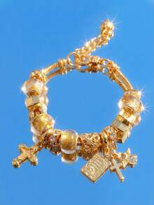 1pc Y2K Charm Bracelet, 1pc Cross Charm Bracelet, Retro Streetwear Fashion Bracelet, 1pc Cross & Heart Charm Bracelet, Glow-In-The-Dark Bracelet - Gold - View 1