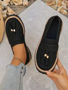 新款女士厚底乐福鞋，时尚百搭，真皮鞋面，圆头套脚鞋，黑色，适合春秋季穿着。 - 黑色 - 查看 2
