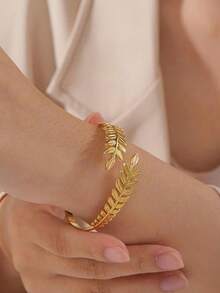 1pc Women's Bracelet, Summer Beach Wear Non-Fading 18K Gold Plated Stainless Steel Wheat Ear Open Cuff Bracelet, Daily Accessory Gift - Yellow Gold - View 9