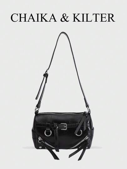 CHAIKA & KILTER 1 st. enfärgad axelväska i glansigt PU-tyg, flickvänlig enaxlad Boston-kuddväska med justerbar rem och dragkedja, lämplig för daglig shopping